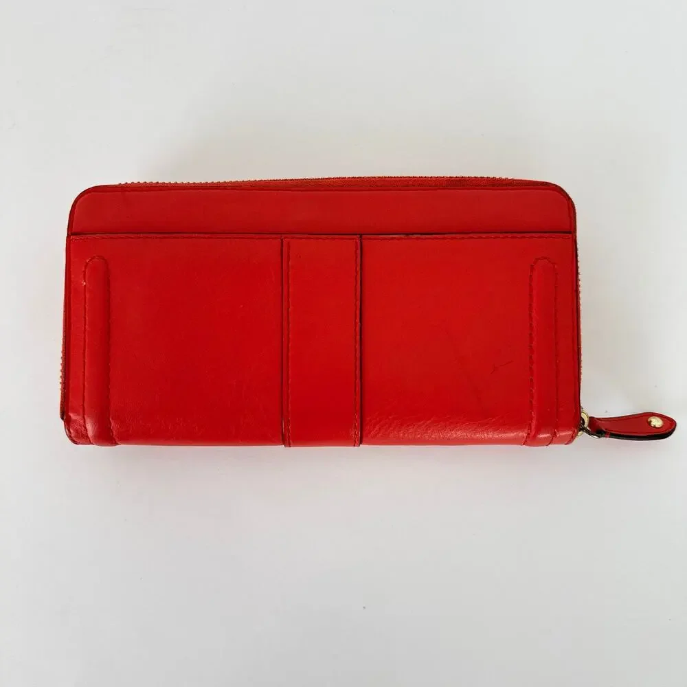 Coach Campbell Zip Around Leather Accordion Wallet in Red with Buckle Accent